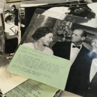 Photographs including royal family black and white prints , Beatrix potter books, 20th century British stamp albums and a tea set