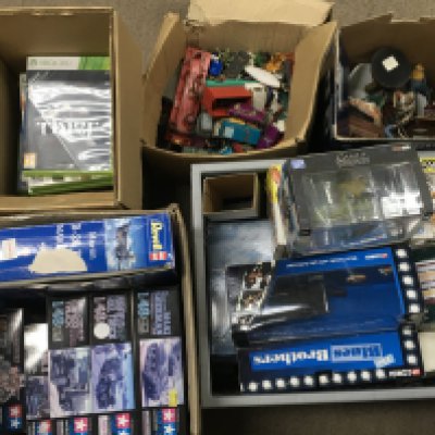 A large collection of toys including boxed Corgi Ford thunderbird, Tamiya boxed model kits including Sherman Tank, Cargo truck. Lead soldier figures. Playworn Lesney, Matchbox, Mattel etc and xbox 360 games including Thief, Call of duty 3, Crackdown Japanese version, Gun