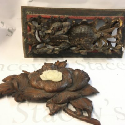A Collection of Chinese wood plaques including a dragon plaque and soapstone flower. 30 and 39cm wide.