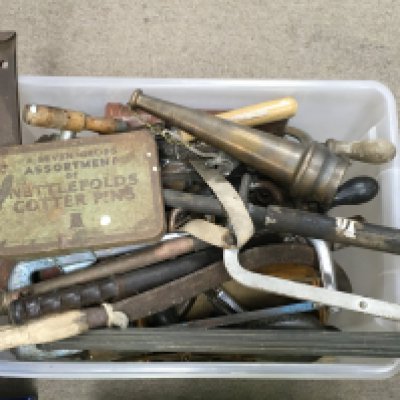 A Collection of various vintage tools including a baton, sickle, chisel