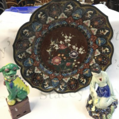 A Chinese cloisonnie charger the central design with birds and flowers, 44 cm diameter, a fu dog figure and a Japanese Geisha figure