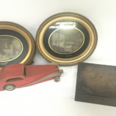 A scratch built painted wood vintage car two oval framed Moreland Prints and a George III mahogany storage box. NO RESERVE