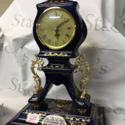 Vintage cobalt blue porcelain mantle clock. Blue and white with golden colours, made by Alfa.