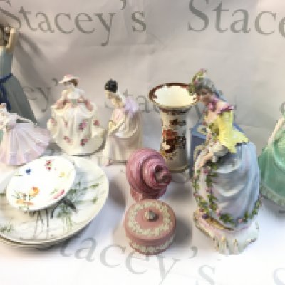 A Collection of porcelain figures including a German figure, Royal Doulton, Lladro, Wedgewood vase and container