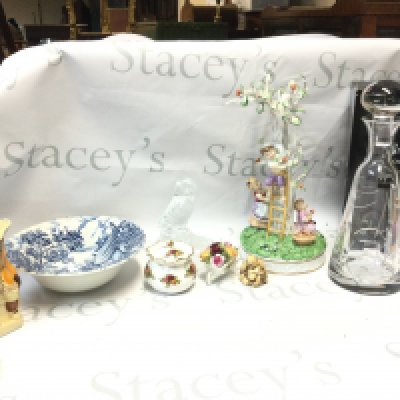 A collection of ceramics including a boxed royal Doulton glass decanter, Tony Wood Staffordshire character jug, glass owl figure, German figure group in tree, novelty cigarette case with lady front