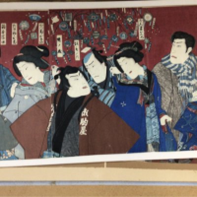 A collection of five Japanese triptych depicting Geisha and warriors