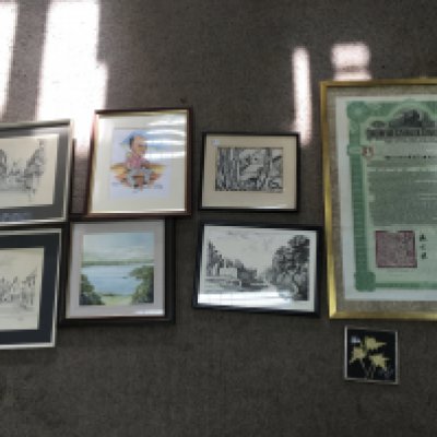 A small collection of pictures and a framed Imperial Chinese bond. Postage D NO RESERVE