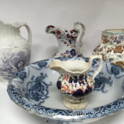 A collection of Victorian water jugs and a wash bowl. NO RESERVE