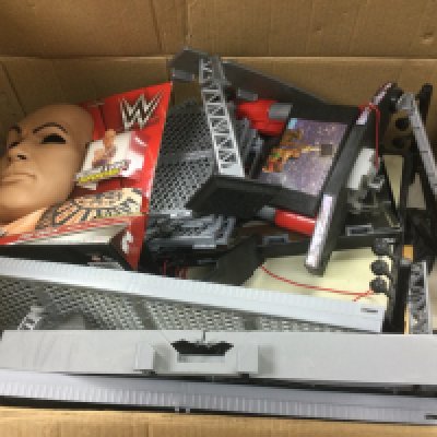 A large box of WWF model wrestling items.