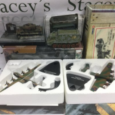 A collection of die cast military vehicles and two trays of American civil war miniature figures.