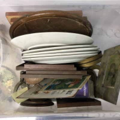 A large collection of items including mostly Royal Doulton items, like plates and Royal Doulton bunnykins. However, there are also items like an antique mirror, a zodiac wall ornament, smal, pictures and frames, a large antique jug and more.