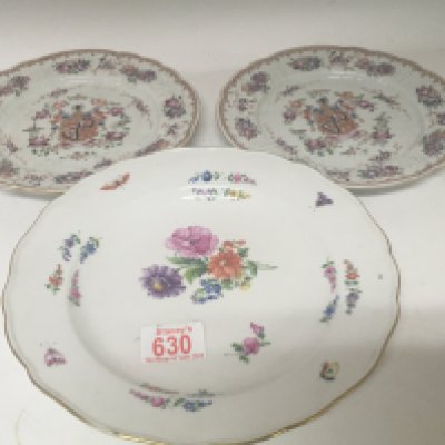 A Meissen porcelain plate hand painted with sprays of flowers and a pair of Sampson Armorial plates (3)