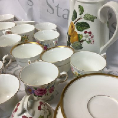 A collection of Royal Albert, Queen Anne, Colclough, Richmond and other branded plates, mugs and more. Also, there is a potmeirion Pomona coffee pot.