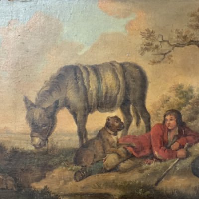 Attributed to George Morland (British, 1763-1804), saddled Donkey in a rural landscape, oil on canvas , unframed, 36cm x 28cm re-lined ,monogrammed initial G.M