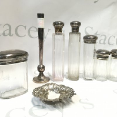 A Collection of silver hallmarked lidded glass containers, a silver Bon Bon dish and a slim necked silver vase