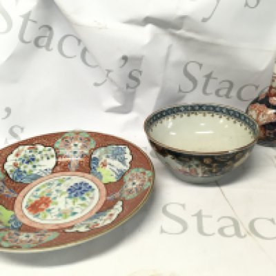 A Collection of Japanese ceramics including an Imari slim neck vase , Imari dish decorated with figures ( damaged and restored with large hairline cracks) and a Kutani dish
