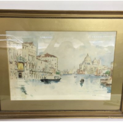 A framed watercolour painting of a Venetian scene signed M. Gray.