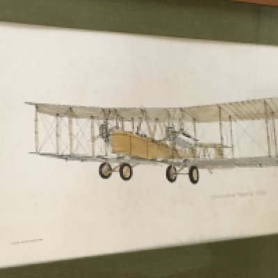A framed and glazed watercolour, pen and ink drawing of a Vickers Vimy aeroplane, approx 80cm x 54cm. A framed and glazed watercolour, pen and ink drawing of an Avro Triplane MK IV, approx 70cm x 54cm.