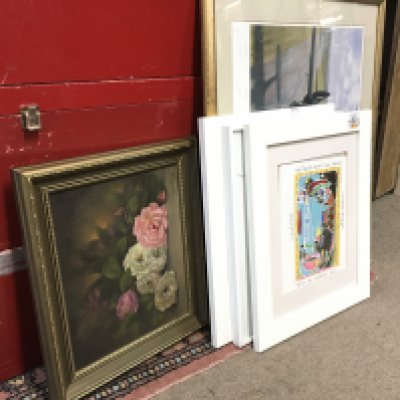 A Collection of art prints including a small oil on canvas still life painting of some roses, modern abstract art prints, First flight by Micheal turner