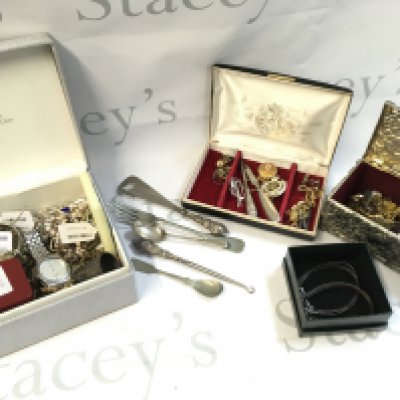 A Collection of costume jewellery including some silver handled instruments, silver necklaces etc, Ralph Lauren boxed necklace, 9 ct gold earrings, watches etc
