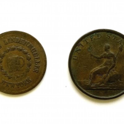 1863 Gustavus Lindenmueller New York Civil War US Trade Token Together with a Washington and Independence re-strike token.