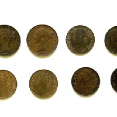 Farthing selection. 1754 George II, 1841 Victoria, 1853 Victoria, 1860 Victoria x 2, 1864 Victoria, 1874 Heaton mint Victoria, 1875 Victoria, 1886 Victoria, 1890 Victoria, 1891 Victoria, 1929 George V.
