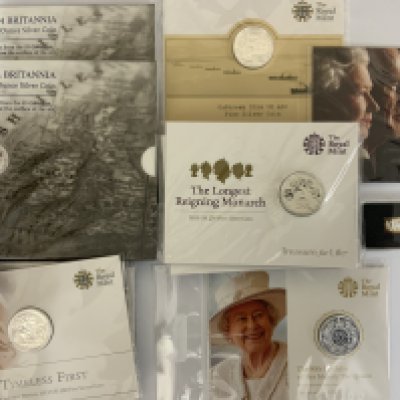 A collection of Royal mint Treasure for Life silver proof coins. To include x2 2014 SS GAIRSIPPO Brittania quater ounce coins, 5 George & The dragon 2013 &pound;20 fine silver coins, 90th Birthday of Her Majesty the Queen 2016 &pound;20 fine silver coin, 5 Longest Reigning Monarch 2015 &pound;20 fine silver coins, Platinum Wedding Anniversary 2017 &pound;20 fine silver coins, 1 Outbreak 2014 &pound;20 fine silver coin, small 1g silver ingot. (15)