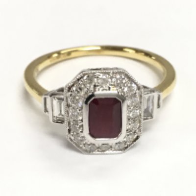 18ct yellow and white gold art deco style ring set with a step cut ruby and round and baguette cut diamonds, ruby 0.43ct and diamonds 0.39ct Approx. Size N