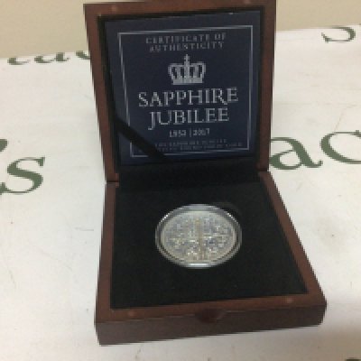A Sapphire Jubilee Silver proof &#20132662755 coin in a fitted box with certificate of authenticity one ounce.