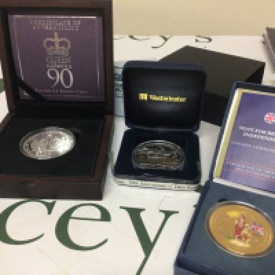 Two Silver Proof Five pound coins The Dambusters 70th Anniversary Queen Elizabeth II 90th birthday coin and gold plated coin 23 June 2016 The Landmark of British independence.