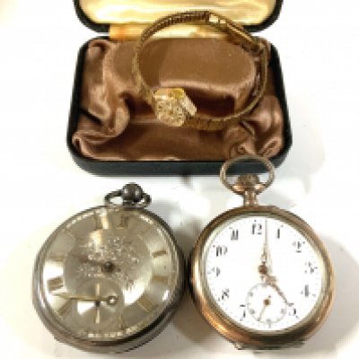 a ladies 9ct gold regent wristwatch together with 2 silver pocket watches.