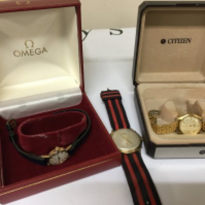 A ladies 9carat gold Omega watch with leather strap in original box a gents watch and ladies Citizen watch (3)