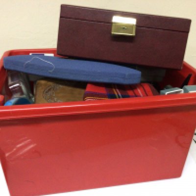 A plastic tub and jewellery box containing a large quantity of costume jewellery including some silver jewellery cultured pearls and other oddments.