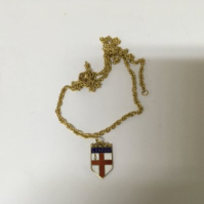 A 9cart necklace with attached enamel 9carat gold London City flag pendent. Total weight 9g