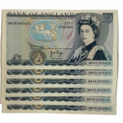 1970-1980 Bank of England issue 5 Pound Note, Blue Duke of Wellington, Jo Page Uncirculated near mint consecutive run of 6 from BW45 605919 to 924