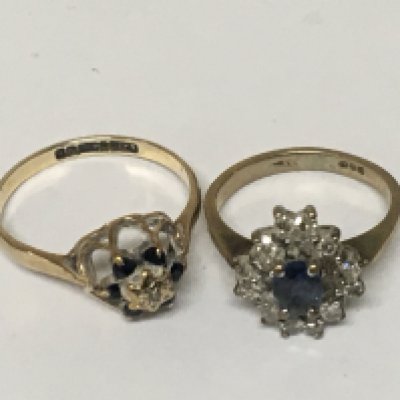 Two 9carat gold rings set with small diamonds and sapphire. (2) weight 4g