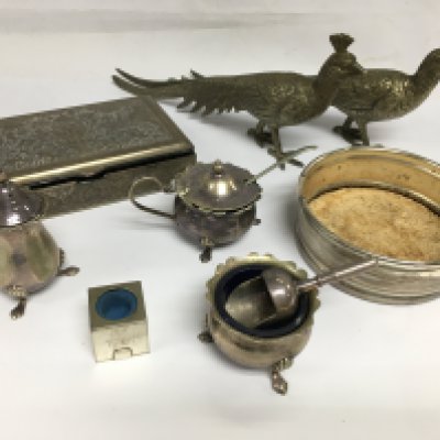 A small collection of silver plated items including cruets, wine coaster etc. Shipping category B.