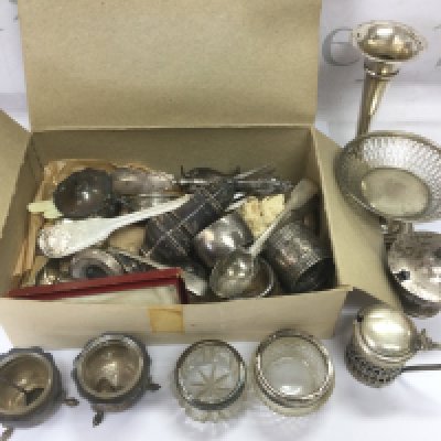 A small box of mixed silver items comprising cruets, cutlery etc. Shipping category D.