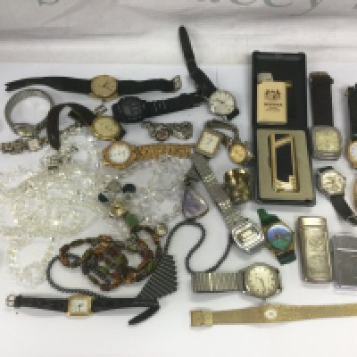 A collection of watches including a Seiko Seahorse and various others plus some lighters and jewellery. Shipping category D.
