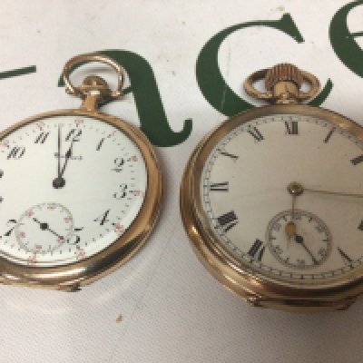 Two gold plated pocket watches button wind. E Howard Watch Co Boston seen working the other not working both with personalised inscriptions. (2)