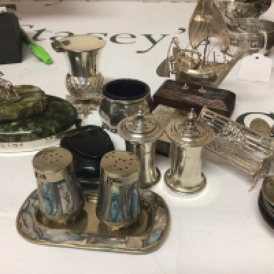 A miniature silver bench silver condiments and other oddments silver plated commemorative spoons.