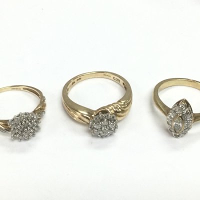 Three 9ct gold diamond cluster rings, approx sizes L, M and N. Total approx 8.4g. Shipping category A.