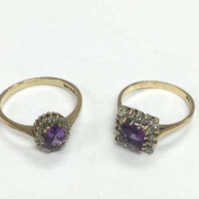 Two 9ct gold rings set with diamonds and amethyst, approx sizes P and L. Total approx 4.4g. Shipping category A.
