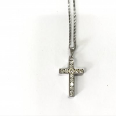 A 9ct white gold chain with a 9ct stone set cross pendant. 4g