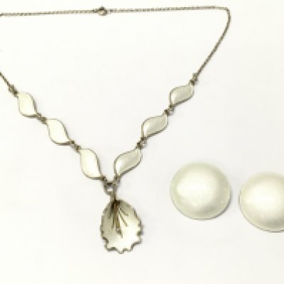 Norwegian silver necklace and a pair of silver white enamel clip on earrings, postage category A