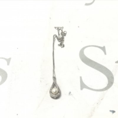 Silver pear-shaped pendant set with a cultured pearl and white cubic zirconia, on a silver chain.