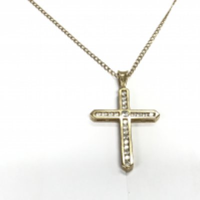 A 9ct gold cross and chain set with white stones. 4.24g