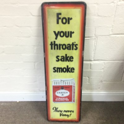 enamel sign, For your throat's sake smoke Craven A, They never Vary 11.5 x 37 inches approximately