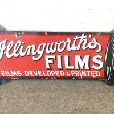 Jeeingworths films double sided advertising sign. 13 x 30 inches approximately