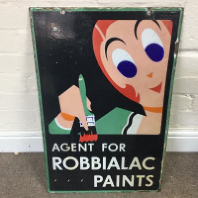 ENAMEL ADVERTISING SIGN - ROBBIALAC PAINTS. A double sided enamel 16 x 25 inches